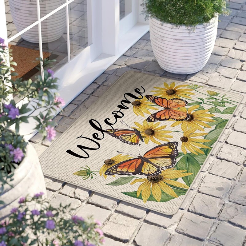 Livcoz Spring Summer Butterfly Floral Welcome Front Door Mat, Yellow