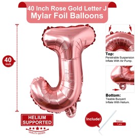 Lovoir 40" Large Letter J Mylar Foil Balloons Large Mylar Foil Balloons for Birthday Party Celebration Alphabet Decorations Rose Gold J