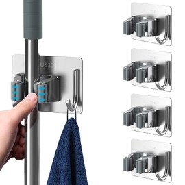 4pcs Broom Holder Wall, Tool Holder, Garden Tool Holder, Broom Holder Wall, Mop Holder Device Holder with Hook for Mop, Broom, Shovel, Tools, Grey