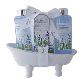 Accentra Lavender Bath Set in Ceramic Bath with 140 ml Shower Gel, 140 ml Bubble Bath, 50 g Bath Salt, Lavender & Sage Scent Purple / White