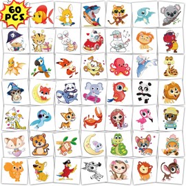 Qpout 60pcs Animal Temporary Tattoos for Kids,Cute Mixed Style Dinosaur Lion Panda Mermaid Waterproof Fake Tattoo Stickers for Boys Girls Animals Birthday Party Favors Goodie Bag Stuffers