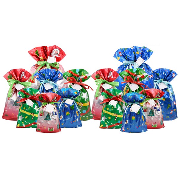 GiftMate Original 28pc Christmas Drawstrings Gift Bag Set (14 Gift Bags and 14 Gift Tags)