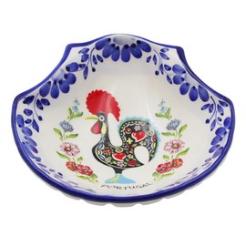 AC Ceramica Tradicional Portuguese Ceramic Sea Shell Dish with Rooster and Hand-Painted Floral Design, Made in Portugal