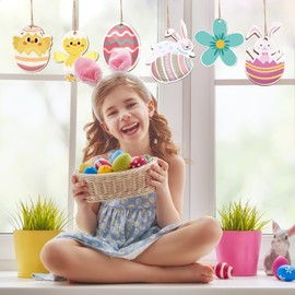 Fiohiros 12pcs Easter Wooden Crafts for Kids,Easter Decorations with Easter Egg Chick Flower Bunny Sticker for DIY Home Hanging Easter Crafts