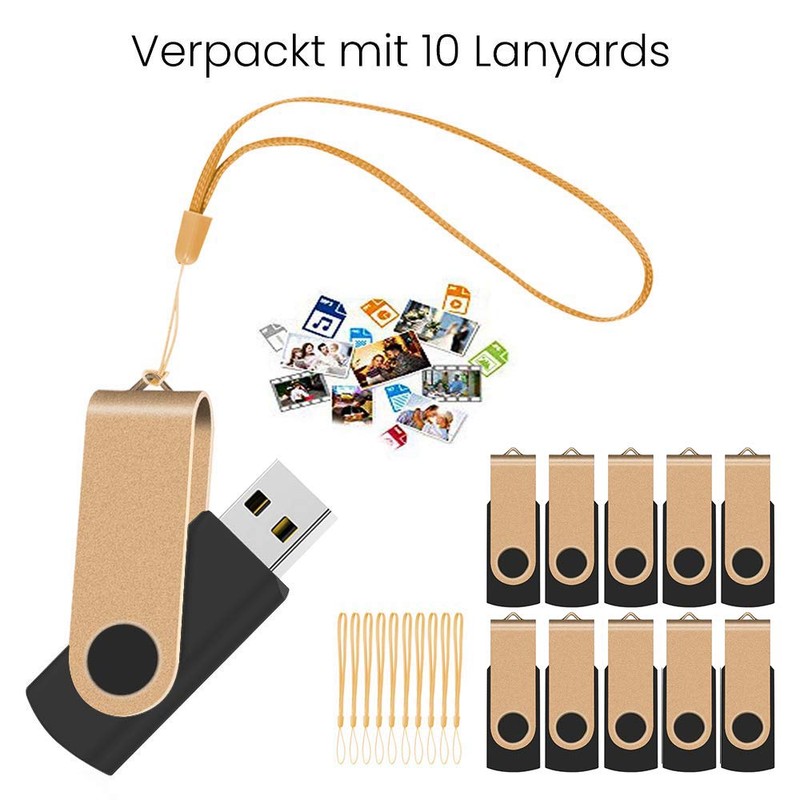 TEWENE USB Stick 8GB Pack of 10 with Lanyards Rotating