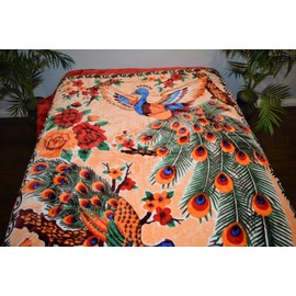 Oriental Peacocks Asian Asia Luxury Super Soft Medium Weight Queen Size Mink Blanket 1ply