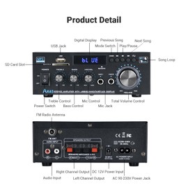 NEOHIPO Amplifier HiFi Stereo AK45 Av Receiver Mini Bluetooth 5.0 Stereo Audio Amplifier Receiver 12V/220V 300Wx2 Channels Digital Power Amplifier Sound Amplifier w/ FM Radio, SD/USB in