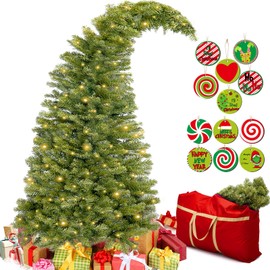 Syhood 6ft Bendable Christmas Tree Whimsical Grin Has Christmas Pre-Lit Lime Green Stole Bent Top Xmas Tree with Ornament Storage Bag, Dark Green