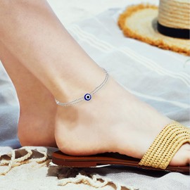 JERWLI Evil Eye Anklet Sterling Silver Evil Eye Layered Ankle Bracelet Good Luck Protection Amulet Jewelry for Women