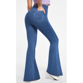 IUGA Bell Bottom Jeans for Women High Waisted Stretchy Flare Jeans Pull On Wide Leg Jeans V Cross Tummy Control Flare Pants Light Blue 31"