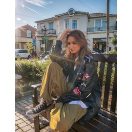 Vamtac Faux Leather Motocross Jackets Oversized Vintage Racing Varsity Bomber Coat Unisex Trendy Streetwear Black Medium