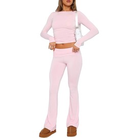 ROFUSSO Women’s Two Piece Set with Long Sleeve Crop Top and Flare Pants Yoga Tracksuit Lounge wear Outfit Comfortable Fold Over Waist Y2k Set Pink M