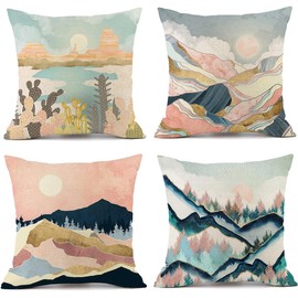 Decorative Throw Pillow Covers Set of 4, 18x18 Inch Square Cushion Covers Decoration Pillowcases Linen Cushion Case for Sofa Patio Living Room Couch Home (Pink Sunrise, 45x45cm/18x18inch/4pcs)
