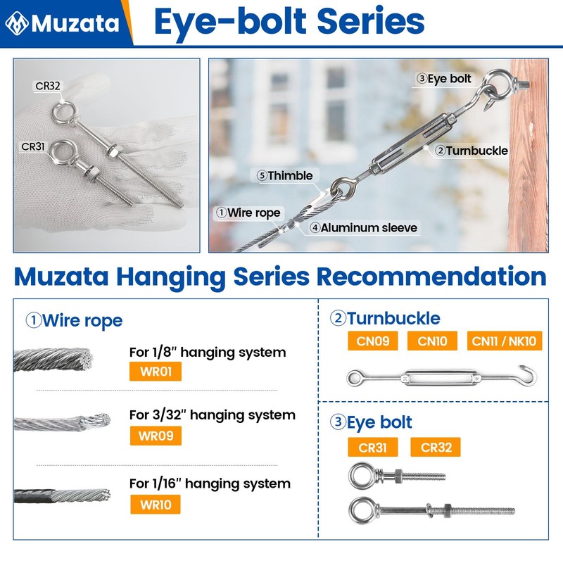 Muzata 5 Pack 1/4" x 2" Eye Bolt T316 Stainless