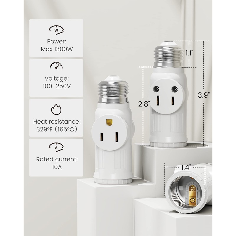 2-Pack Light Socket to Plug Adapter, JACKYLED E26/E27 3 Prong