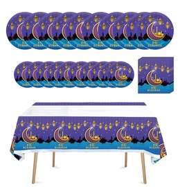 Atvscay Eid Mubarak Tableware And Tablecloth Ramadan Mubarak Party Decorations Muslim Ramadan Eid Party Plates Napkins AndTablecloth (Tableware and Tablecloth set)