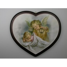 MaMeMi Guardian Angel Picture Heart with Angel and Baby 16 x 13 cm - Loving Gift from Godparents or Grandparents for Christening or Birth Collection. Nostalgic Romantic