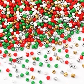 DECYOOL Christmas Beads, 1500pcs Christmas Round Beads 4 mm Glass Seed Beads Red Green White Gold Silver Tiny Pony Beads for Bracelet Necklace Earrings Jewelry Making
