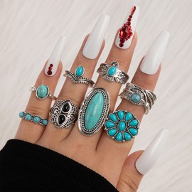 Harry and Henry Turquoise Ring Set Western Jewelry for Women Vintage Western Rings Set Boho Rings Knuckle Stackable Rings Trendy Stuff Turquoise Jewelry for Women