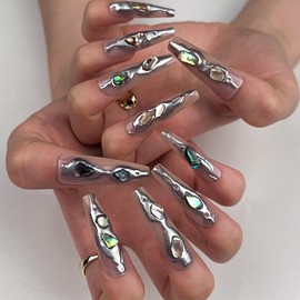 VOTACOS Coffin Press on Nails Long Fake Nails with 3D Rhinestone Designs Luxury False Nails Glossy Full Cover Stick on Nails for Women