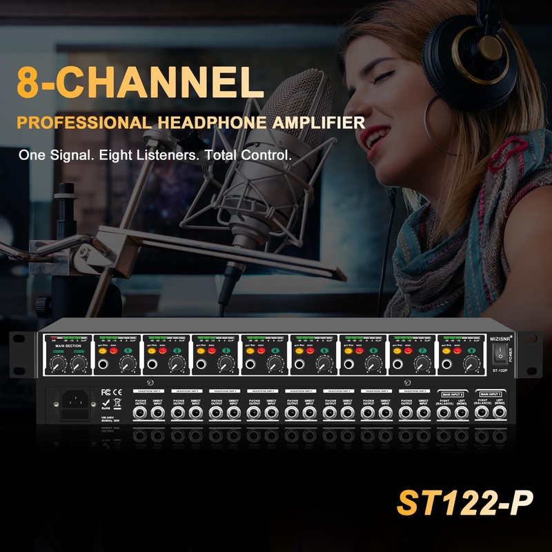 MIZISNR Headphone Amp, 8-Channel Rackmount Headphone Mixing Distribution Amplifier with