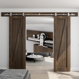 CCJH 8 FT Stainless Steel Sliding Door Hardware Kit, Top Mount Wooden Door Hardware for Double Door, Fit 24" Wide Door Panel, J Style