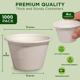 Fit Meal Prep [1000 Pack 4 Oz 100% Compostable Disposable Condiment Cups, Biodegradable Bagasse Fiber Souffle Portion Cups, Eco-Friendly Sample Cups for Tasting, Dip Sauce, Snack, Microwave Safe