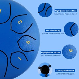 Eavnbaek Eavnbaek Rain Chime Drum - 8 Note 6 Inch Rain Drum for Outside Garden, with Bag, Music Book, Drumsticks, Mallet Holder and Finger Paddles, Steel Tongue Drum for Gifts Yoga Education (Dark Blue)