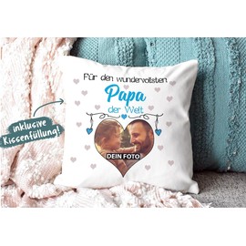 PR Print Royal Photo Cushion with Filling for the Most Wonderful Dad to Design Yourself, High-Quality Cushion Cover with Zip, Light Blue Back, 40 x 40 cm