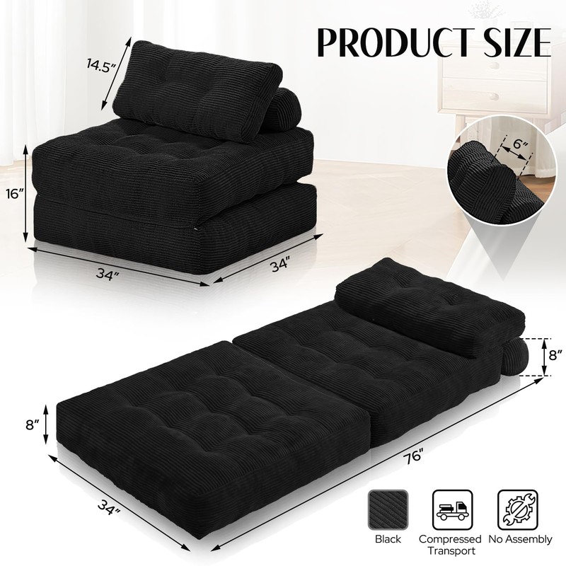 HABUTWAY Folding Sofa Bed, Convertible Sleeper Chair Bed w/Dual-Pillow &