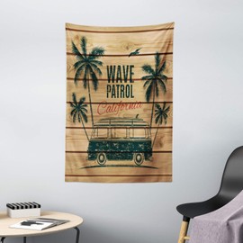 Ambesonne Surf Tapestry, Vintage Minivan Tropical Trees on Wooden Planks Freedom Fun Wave Weekend Theme, Wall Hanging for Bedroom Living Room Dorm Decor, 40" X 60", Brown Teal