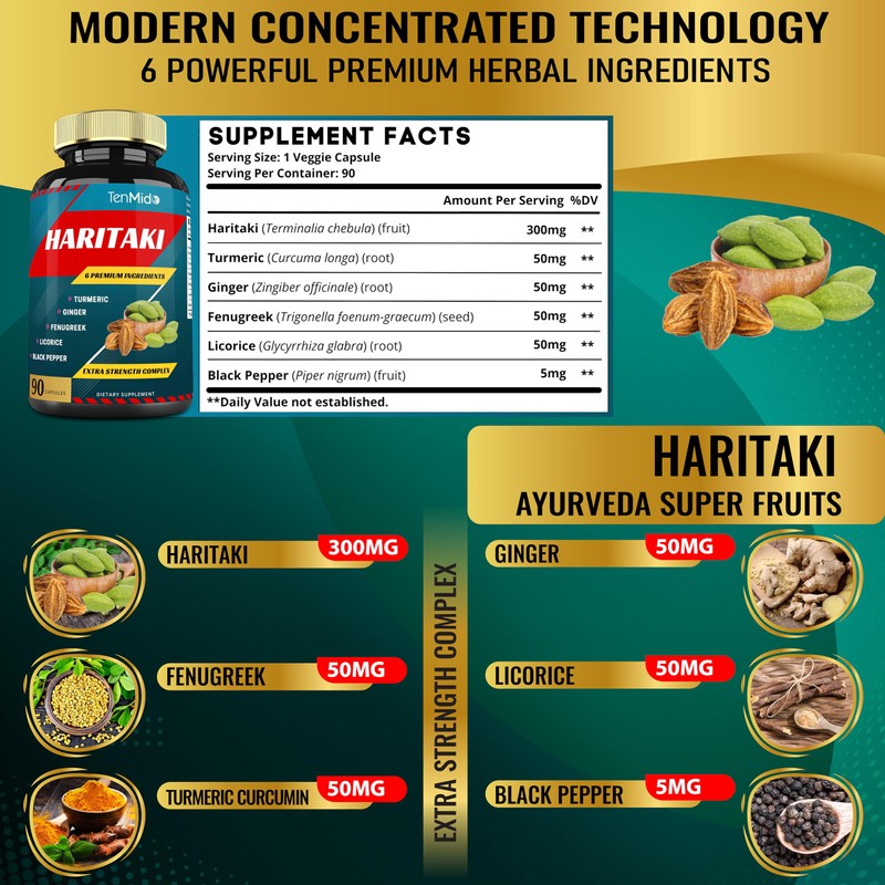 Tenmido Haritaki Supplements Extract Capsules with Turmeric, Ginger, Fenugreek, Licorice,