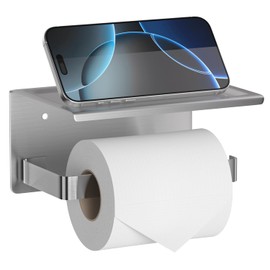 HITSLAM Brushed Nickel Toilet Paper Holder with Phone Shelf, Adhesive or Screw Wall Mount Toilet Paper Roll Holder, Rustproof Stainless Steel Toilet Tissue Holder for Bathroom, Kitchen