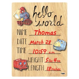 Cohas Hello World Newborn Baby Announcement Printed Wood Sign with Train Theme, 5 by 7 Inches, Red Marker