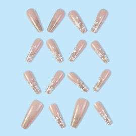 Christmas Press on Nails Long Coffin Fake Nails Snowflake False Nails With Designs Gold Glitter Glossy Glue on Nails Full Cover Acrylic Stick on Nails Xmas Winter Artificial Nails for Women 24 Pcs