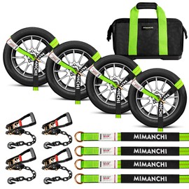 Mimanchi Car Tie Down Straps for Trailers - 4 Pack, 2" x12' Ratchet Tire Straps with Chain Anchors, Heavy Duty Lasso Wheel Strap for Hauling UTV, SUV, Truck, Any Cars-Towing Accessories