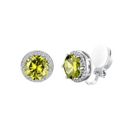 Silvora S925 Silver Clip-on Earrings with 8mm Round Synthetic Peridot Center Stone and Surrounding Small White Cubic Zirconia Stones - August Birthstone Jewelry
