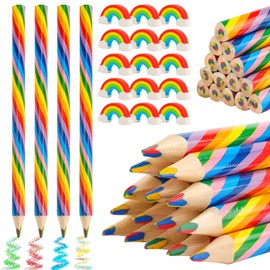 Bomtop Pack of 15 Rainbow Colouring Pencils for Children with 15 Rainbow Erasers, Pens for Children's Thick Colouring Pencils Birthday for Children Party Favour