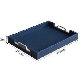 HofferRuffer Faux Leather Rectangle Serving Tray Decor Platter with Gold Metal Handles for Coffee Table, Breakfast, Tea, Food, Countertop, Kitchen, Butler Tray, 16.2 x 12.2 x 2 inches (Navy Blue)