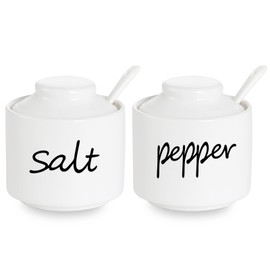 ONTUBE Farmhouse 8oz Pepper and Salt Bowls with Lid and Spoon, Ceramics Condiment Pots,Seasoning Jar Spice Container for Kitchen,Dishwasher Safe (White)