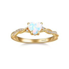 Bonlavie Silver Ring for Women, 925 Sterling silver Heart Cut Opal Ring, 14K Gold Plated Bridal Engagement Wedding Band, Size O