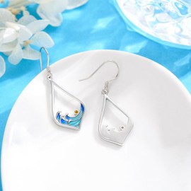 arete de plata de ley 925 con diseño de ola oceánica, para playa, para mujeres y niñas, Plata de ley, Circonia cúbica