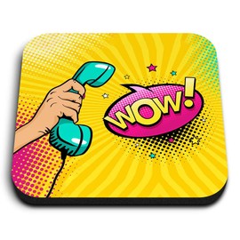1 x quadratischer Kühlschrankmagnet aus MDF, Pop Art Telephone Wow Comic 24584