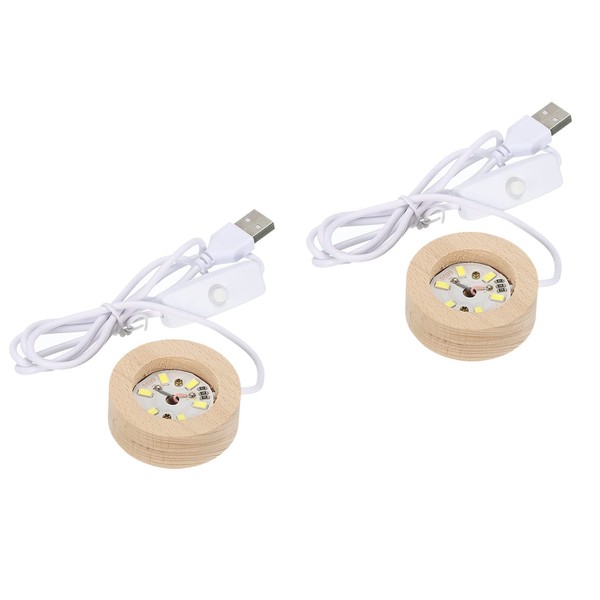 uxcell Display Base LED Wooden Ball Stand Holder Round USB Switch for Crystal Cobblestone 5x2cm White Light 2pcs