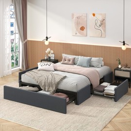 SHA CERLIN Modern Queen Platform Bed Frame with 3 Storage Drawers/Upholstered Wing Side Panel Design/Wooden Slats Support/Mattress Foundation/Noise Free/Easy Assembly/Dark Grey