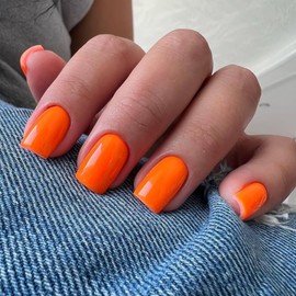 Press On Nails - 24pcs Orange Fake Nails - Short Medium Square False Nails With Glue - Glossy Removable Coffin Acrylic Full Cover Stick On nails For Women Girls Daily Wear DIY Nail Art Gift