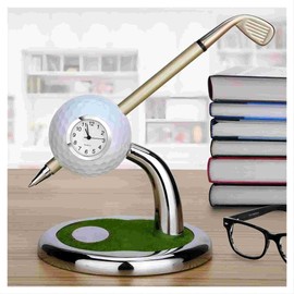 10L0L Golf Ball Pen Stand with Clock, Mini Desktop Golf Ball Pen Stand, Perfect for Golf Enthusiasts, Business Gifts, Includes Golf Ball Pens (Pack of 2)- White