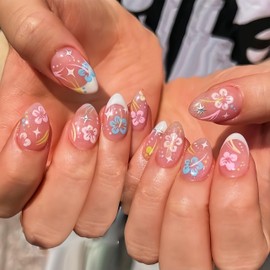 24Pcs Spring Summer Flower False Nails French Tip Floral Press on Nails Short Almond Glossy Artificial Acrylic Fake Nails Blue Pink Flower Stick on Nails Stars Glue on Nails for Women DIY Manicure