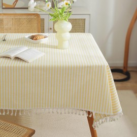 meioro Striped Tablecloth, Rectangular Tablecloth with Tassels, Washable Tablecloths, Decorative Table Linen for Kitchen, Dining Room and Tabletop (Yellow/White Stripes, 140 x 220 cm)