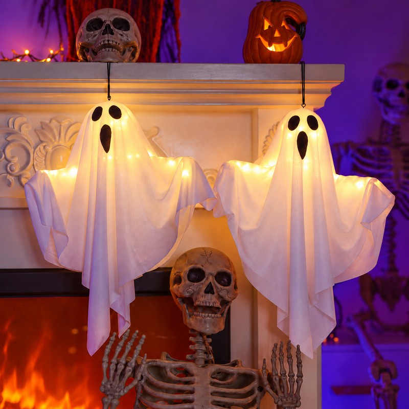 2-Pack Light-Up Hanging Ghost Decorations for Halloween – Warm LED